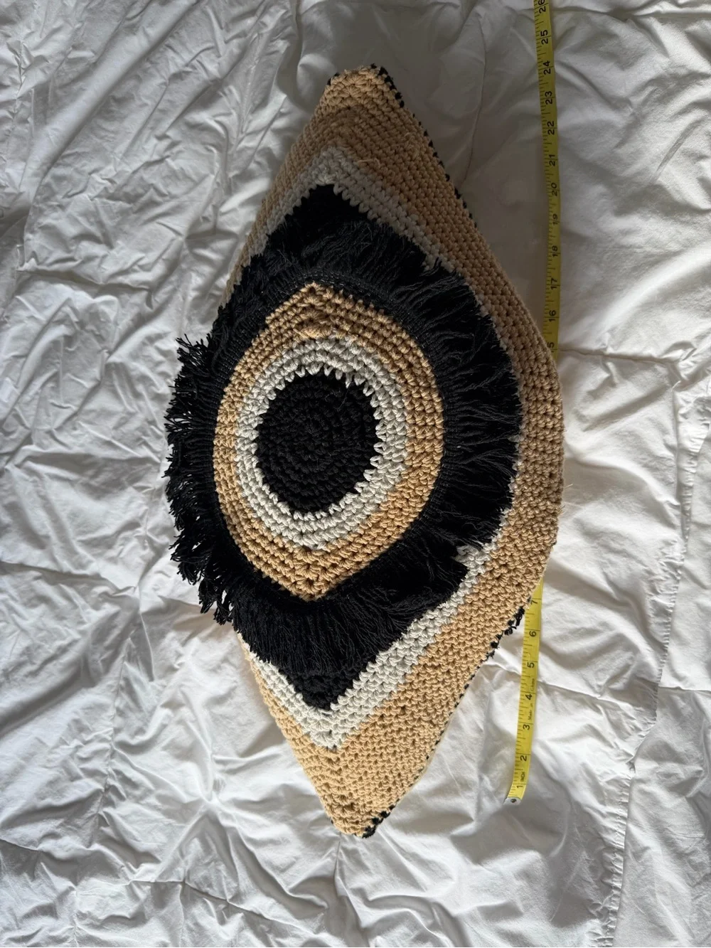 Handwoven Round Fringe Pillow Cover in Black, Cream & Tan